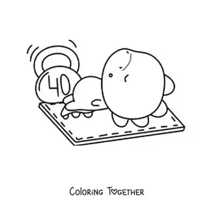 Coloring page of a kawaii dinosaur with a dumbbell at the gym