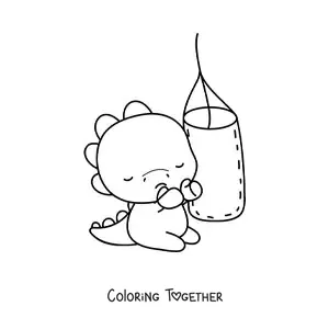 Coloring page of a kawaii dinosaur hitting a punching bag