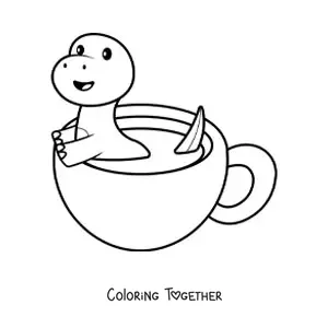 Coloring page of a kawaii dinosaur in a cup