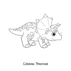 Coloring page of a kawaii triceratops dinosaur with horns