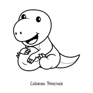 Coloring page of a kawaii dinosaur sitting with an egg