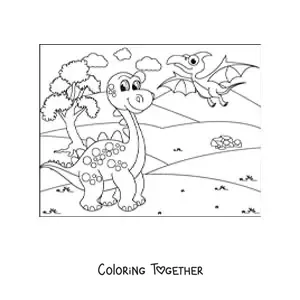 Coloring page of cartoon flying and land dinosaurs
