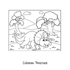 Coloring page of a cartoon dinosaur in its habitat