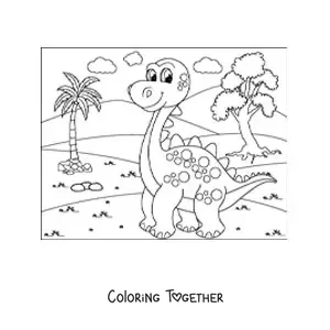 Coloring page of a cartoon long-necked dinosaur in its habitat