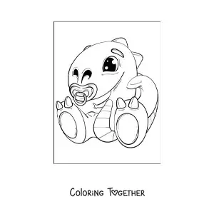Coloring page of a kawaii baby dinosaur with a pacifier