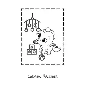 Coloring page of a kawaii baby dinosaur with toys