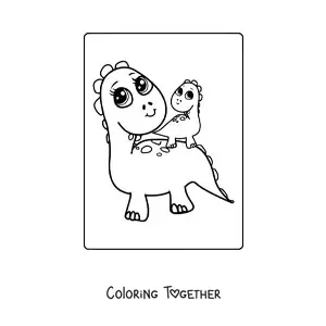 Coloring page of a kawaii baby dinosaur in a basket