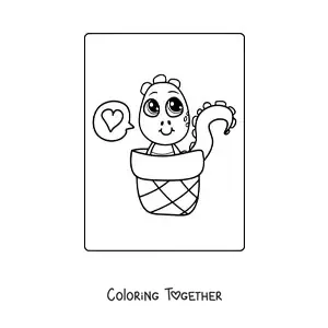 Coloring page of a kawaii baby dinosaur with a balloon
