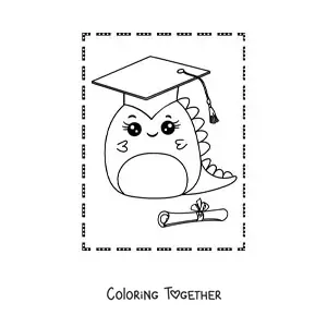 Coloring page of a kawaii baby dinosaur graduate with a diploma and cap