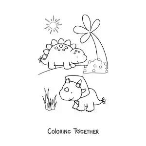 Coloring page of cute baby dinosaurs in their habitat
