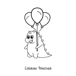 Coloring page of a kawaii baby dinosaur with balloons