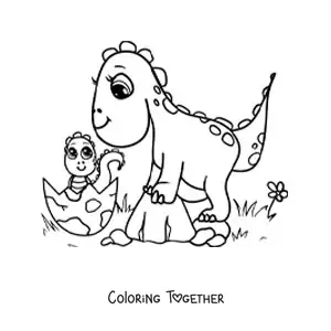 Coloring page of a mom with a kawaii baby dinosaur hatching from the egg