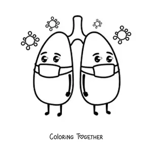 Coloring page of kawaii cartoon lungs with a face mask