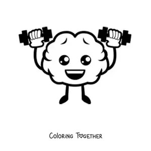 Coloring page of a kawaii cartoon brain reading a book