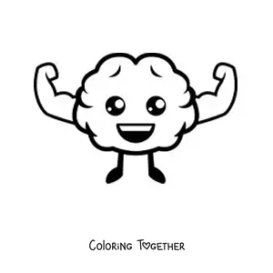 Coloring page of a strong kawaii cartoon brain
