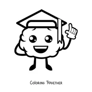 Coloring page of a kawaii cartoon brain with a graduation cap