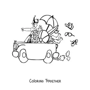 Coloring page of young people in a car on their way to the beach
