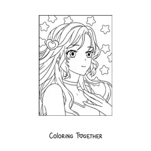 Coloring page of a kawaii anime girl face with big eyes