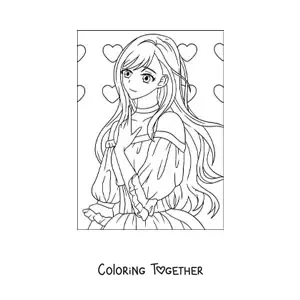 Coloring page of a kawaii anime girl with hearts