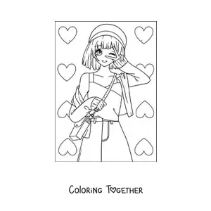 Coloring page of a cute anime girl with hearts
