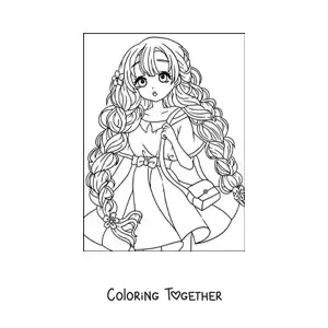 Coloring page of a beautiful anime girl with braided hair