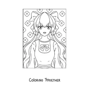 Coloring page of a kawaii anime doll with a bow