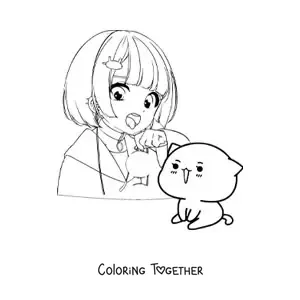 Coloring page of a kawaii anime girl with a cat