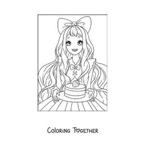 Coloring page of a beautiful kawaii anime doll with a strawberry cake