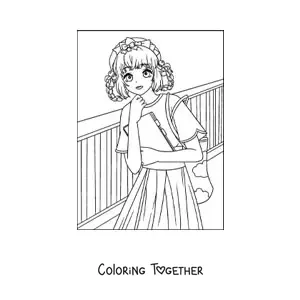 Coloring page of a kawaii anime girl at school