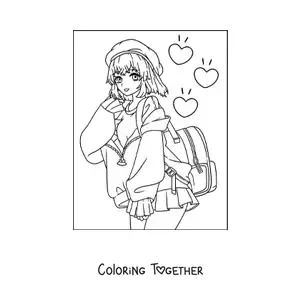 Coloring page of a kawaii anime girl with a skirt and hearts