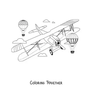 Coloring page of a plane flying with two hot air balloons
