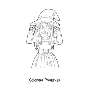 Coloring page of a kawaii anime doll dressed as a witch