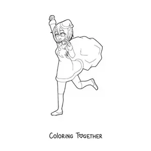 Coloring page of a kawaii anime doll in a Santa Claus outfit