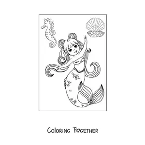 Coloring page of an anime style mermaid dancing with a seahorse