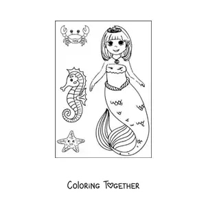 Coloring page of an anime style mermaid princess with a seahorse