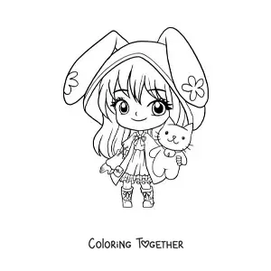 Coloring page of a kawaii chibi girl with bunny ears