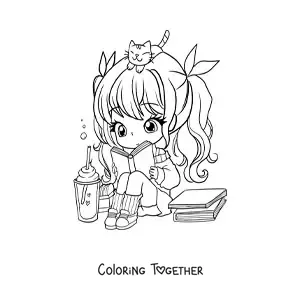 Coloring page of a kawaii chibi girl sitting and reading a book with a cat
