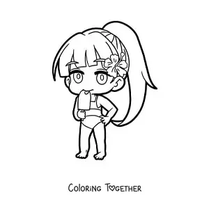 Coloring page of a kawaii chibi girl in a bikini eating ice cream