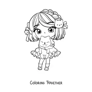 Coloring page of a kawaii chibi girl with a cat