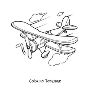 Coloring page of a plane flying with clouds in the background