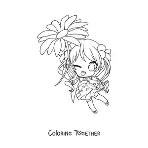 Coloring page of a little kawaii chibi girl with a flower