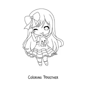 Coloring page of a big kawaii chibi girl with a bunny plushie