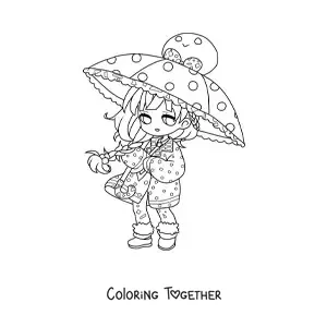 Coloring page of a kawaii chibi girl with a parasol