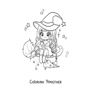 Coloring page of a kawaii chibi witch flying on her broom