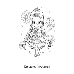 Coloring page of a kawaii chibi girl with braided hair