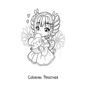 Coloring page of a kawaii chibi girl with a cupcake