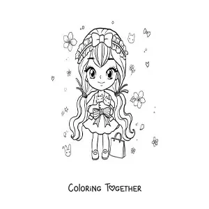Coloring page of a chibi anime girl shopping
