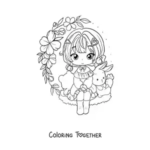 Coloring page of a chibi anime girl sitting with flowers and a rabbit