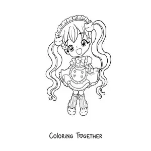 Coloring page of a chibi anime girl with pigtails