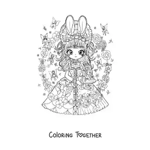Coloring page of a chibi anime girl with bunny ears and a cake